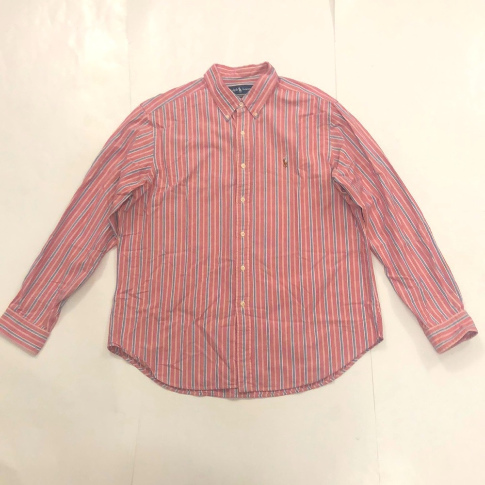 Ralph Lauren XL Shirt Button down collar Pink Blue Stripe Embroidered Logo
